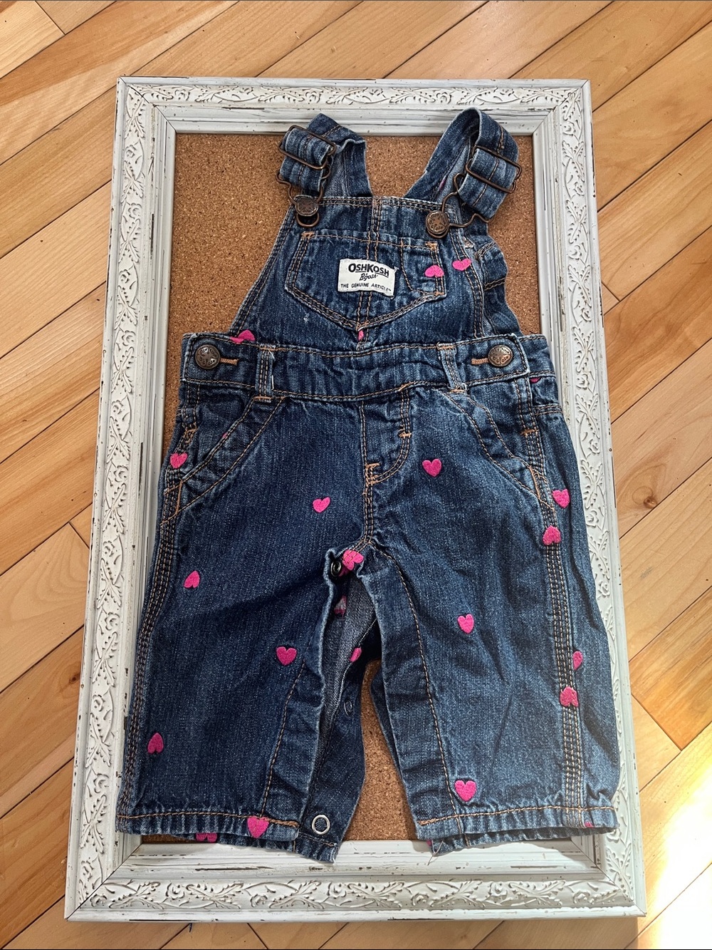 OshKosh B'gosh Dark Blue Denim Overalls with Pink Heart Accents